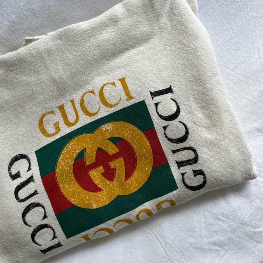 Gucci Cream Sweater with Gold and Green Logo